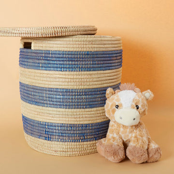 Decorative Wicker Basket with Lid & Handles, Clothes Hamper, Nursery Basket, Toy Storage, African Woven, Flat Lid, Blue Beige Stripes, Small Size