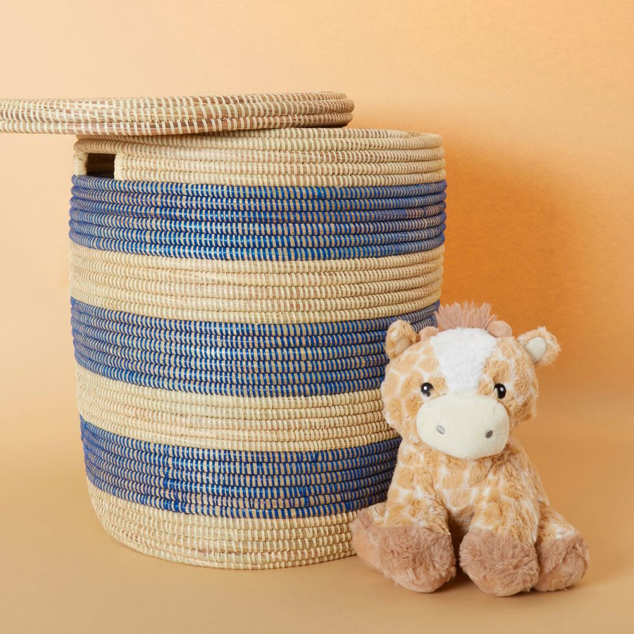 Decorative Wicker Basket with Lid & Handles, Clothes Hamper, Nursery Basket, Toy Storage, African Woven, Flat Lid, Blue Beige Stripes, Small Size