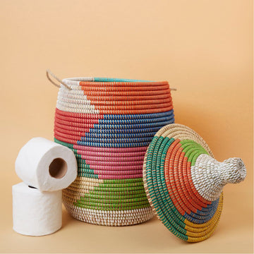 Decorative Wicker Basket with Lid & Handles, Clothes Hamper, Nursery Basket, Toy Storage, African Woven, Hood Lid, Colorful, Small Size