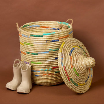 Decorative Wicker Basket with Lid & Handles, Clothes Hamper, Nursery Basket, Toy Storage, African Woven, Hood Lid, Beige Colorful, Small Size