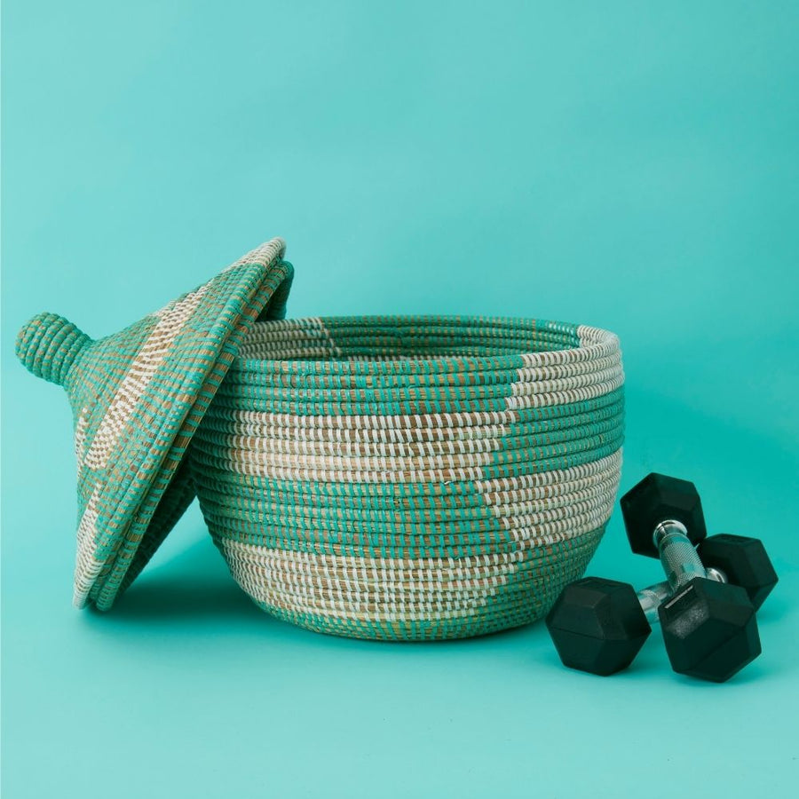 Decorative Wicker Storage for Living Room, Small Shelf Baskets, African Woven, Hood Lid, Turquoise White