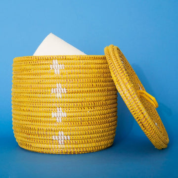 Decorative Wicker Storage, Shelf Basket, African Woven, Flat Lid, Yellow, Small Size