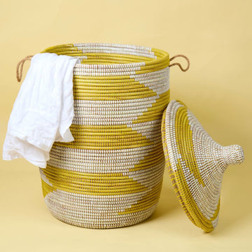 Decorative Wicker Basket with Lid & Handles, Laundry Hamper, Blanket Storage, Toy Bin, African Woven, Hood Lid, Yellow White, Large Size