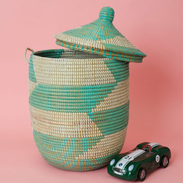 Decorative Wicker Basket with Lid & Handles, Clothes Hamper, Nursery Basket, Toy Storage, African Woven, Hood Lid, Turquoise White, Small Size