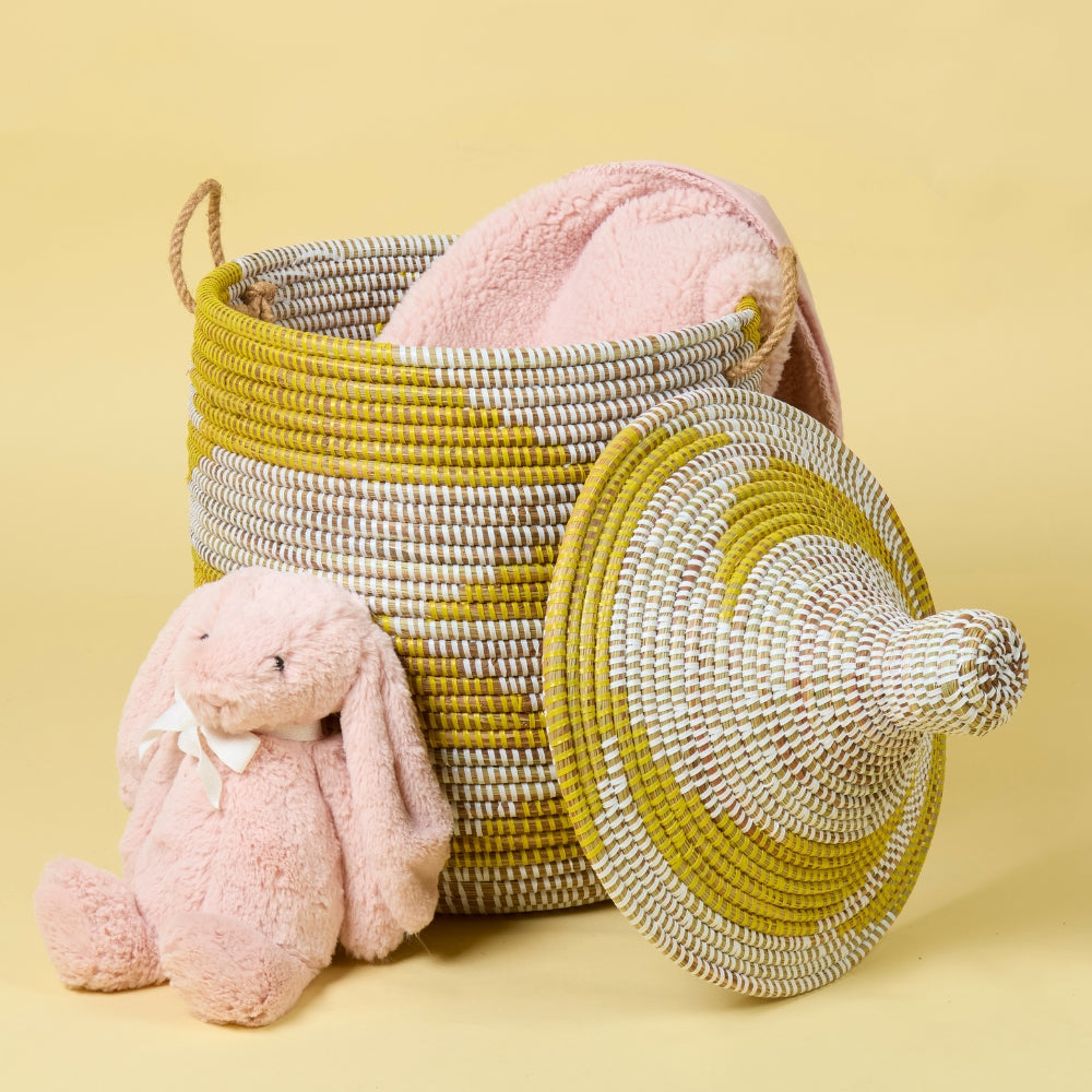 Decorative Wicker Basket with Lid & Handles, Clothes Hamper, Nursery Basket, Toy Storage, African Woven, Hood Lid, Yellow White, Small Size