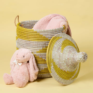 Decorative Wicker Basket with Lid & Handles, Clothes Hamper, Nursery Basket, Toy Storage, African Woven, Hood Lid, Yellow White, Small Size