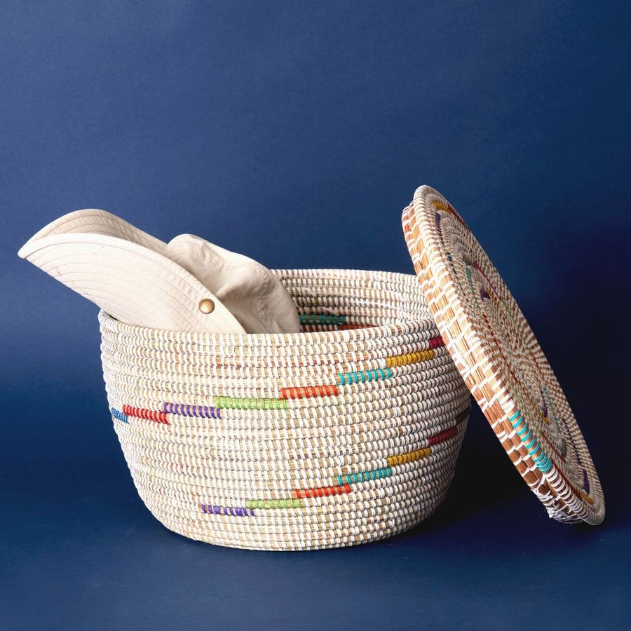 Decorative Wicker Storage for Living Room, Small Shelf Baskets, African Woven, Flat Lid, White Colorful