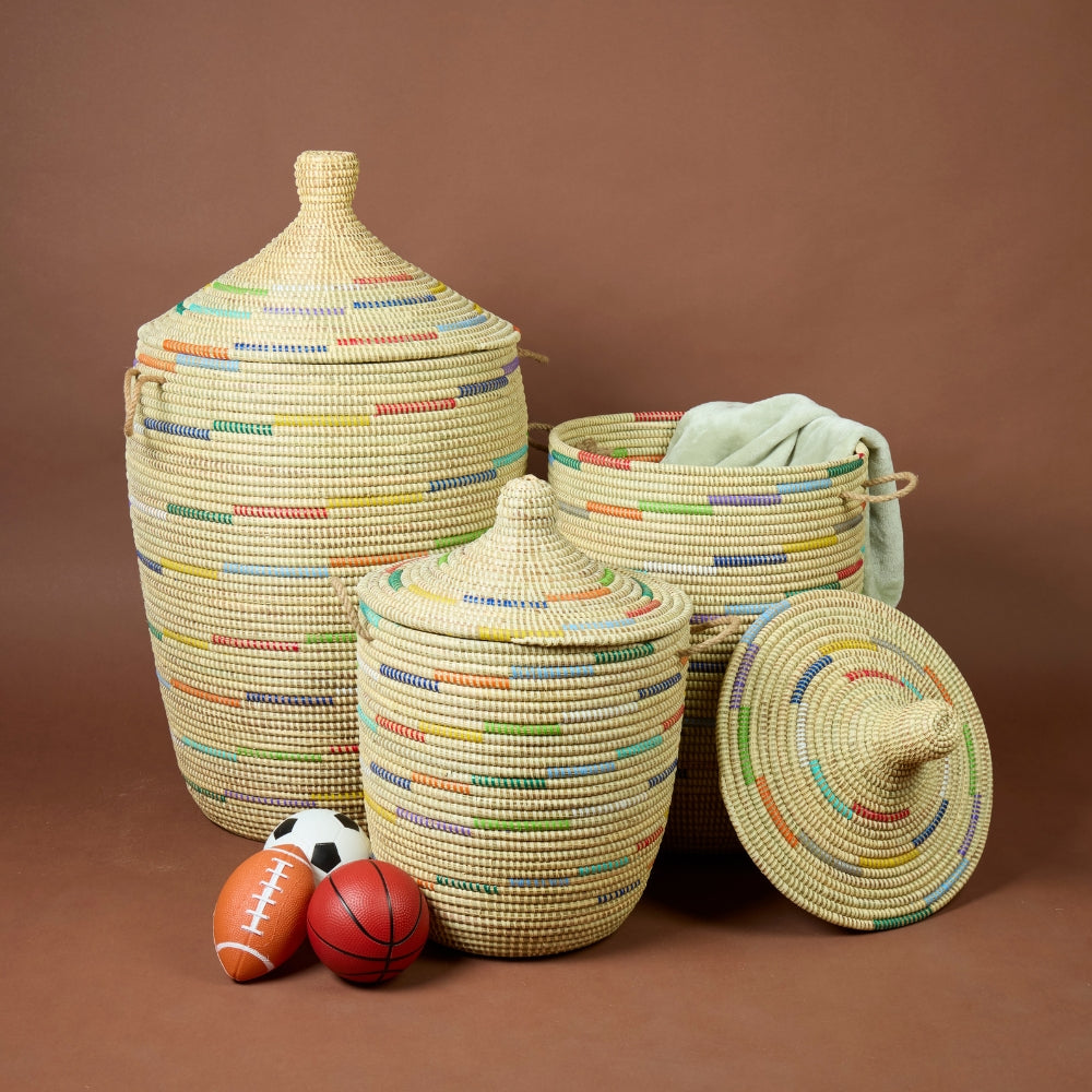Decorative Wicker Baskets with Lid & Handles, Laundry Hamper, Blanket Storage, Toy Bin, African Woven, Hood Lid, Beige Colorful, Set of 3