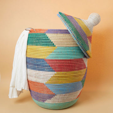 Decorative Wicker Basket with Lid & Handles, Laundry Hamper, Blanket Basket, Toy Storage, African Woven, Hood Lid, Colorful, Extra Large Size