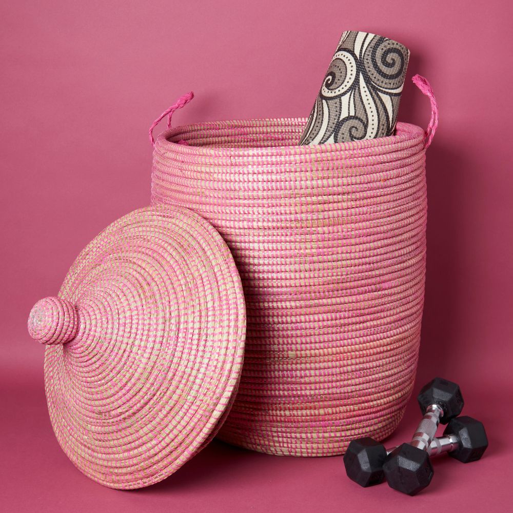 Decorative Wicker Basket with Lid & Handles, Laundry Hamper, Blanket Basket, Girls Room, Toy Storage, African Woven, Hood Lid, Pink, Medium Size