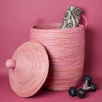 Decorative Wicker Basket with Lid & Handles, Laundry Hamper, Blanket Basket, Girls Room, Toy Storage, African Woven, Hood Lid, Pink, Medium Size
