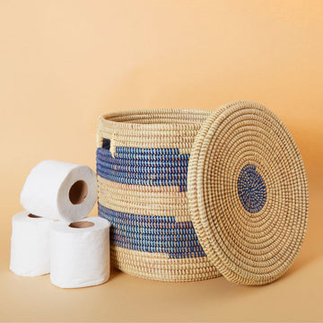 Decorative Wicker Storage, Shelf Basket, African Woven, Flat Lid, Blue Beige Stripes, Small Size