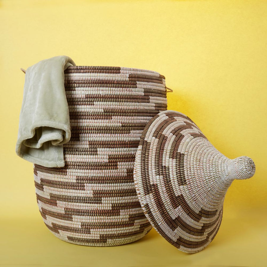 Decorative Wicker Basket with Lid & Handles, Laundry Hamper, Blanket Storage, Toy Bin, African Woven, Hood Lid, White Brown, Extra Large Size