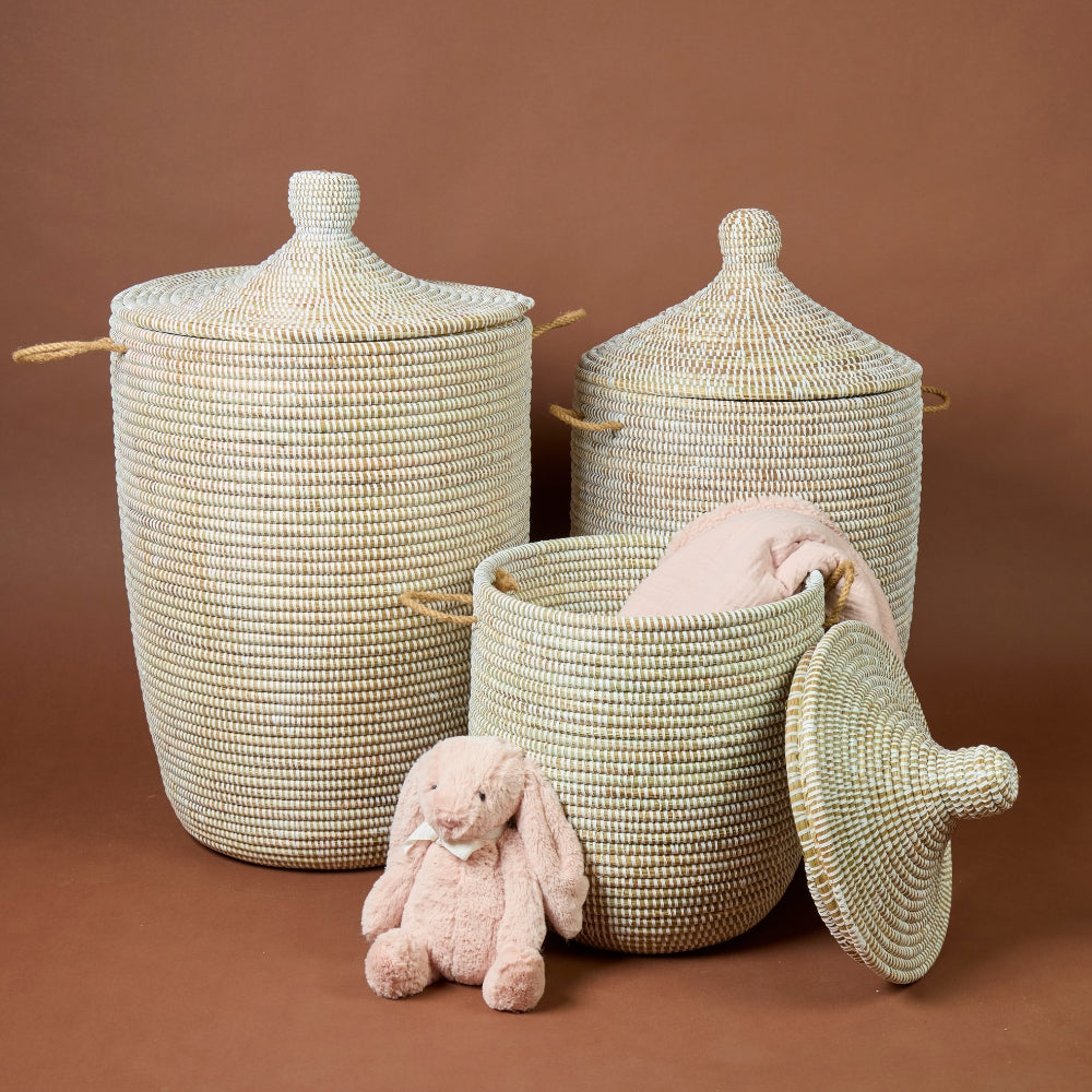 White Decorative Woven Wicker Basket Hamper - Organize Laundry, Toys, Blankets, Pillows, Clothes, Towels - Storage Bins for Home, Baby Nursery, Living Room, Bedroom, Bathroom