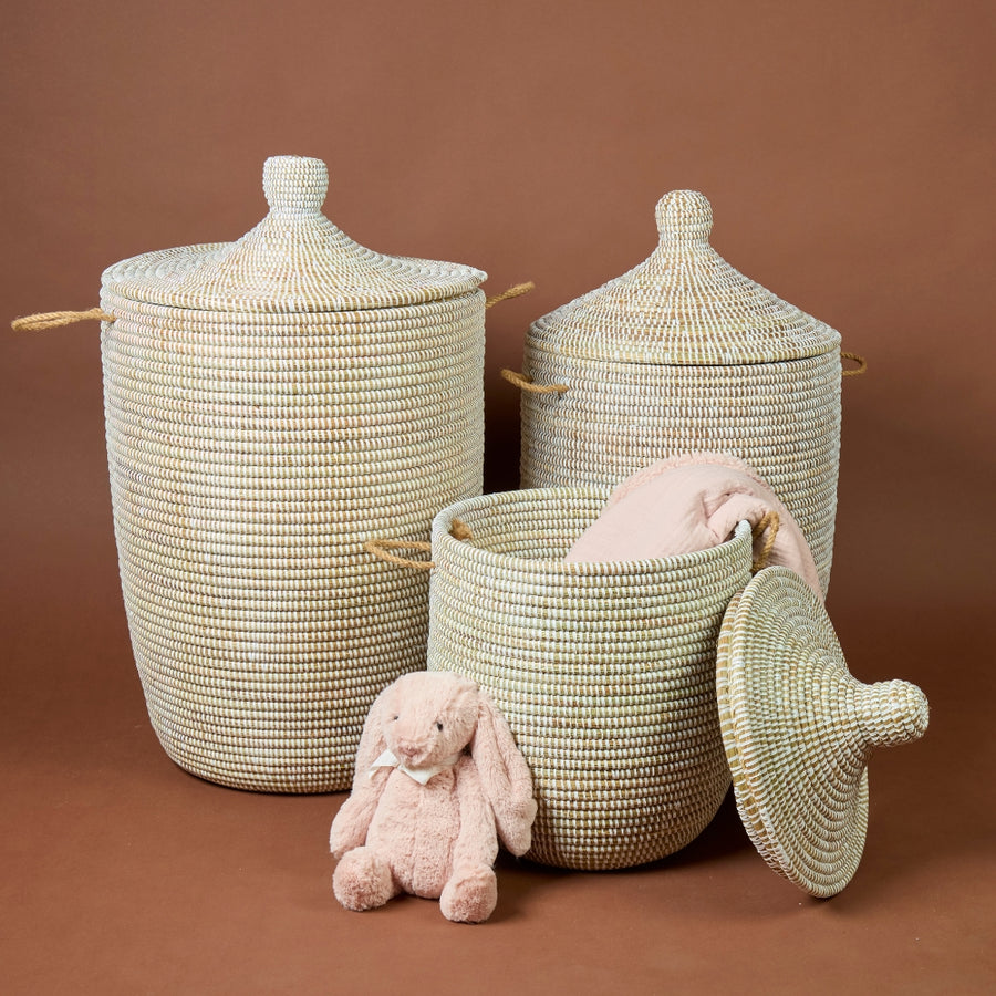 White Decorative Woven Wicker Basket Hamper - Organize Laundry, Toys, Blankets, Pillows, Clothes, Towels - Storage Bins for Home, Baby Nursery, Living Room, Bedroom, Bathroom