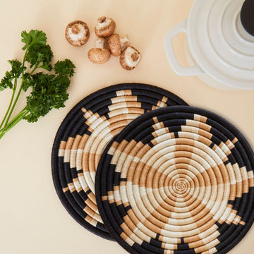 Trivets for Dishes, Pots and Pans, Heat Resistant Hot Pads, Pot Holders for Table, Plate Mats for Countertops, Kitchen Table Accessories | Natural Black Woven Trivets Set, 8", African Decor