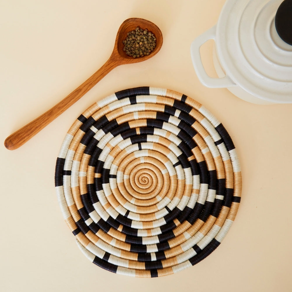 Trivets for Dishes, Pots and Pans, Heat Resistant Hot Pads, Pot Holders for Table, Plate Mats for Countertops, Kitchen Table Accessories | Natural Black Woven Trivets Set, 8", African Decor