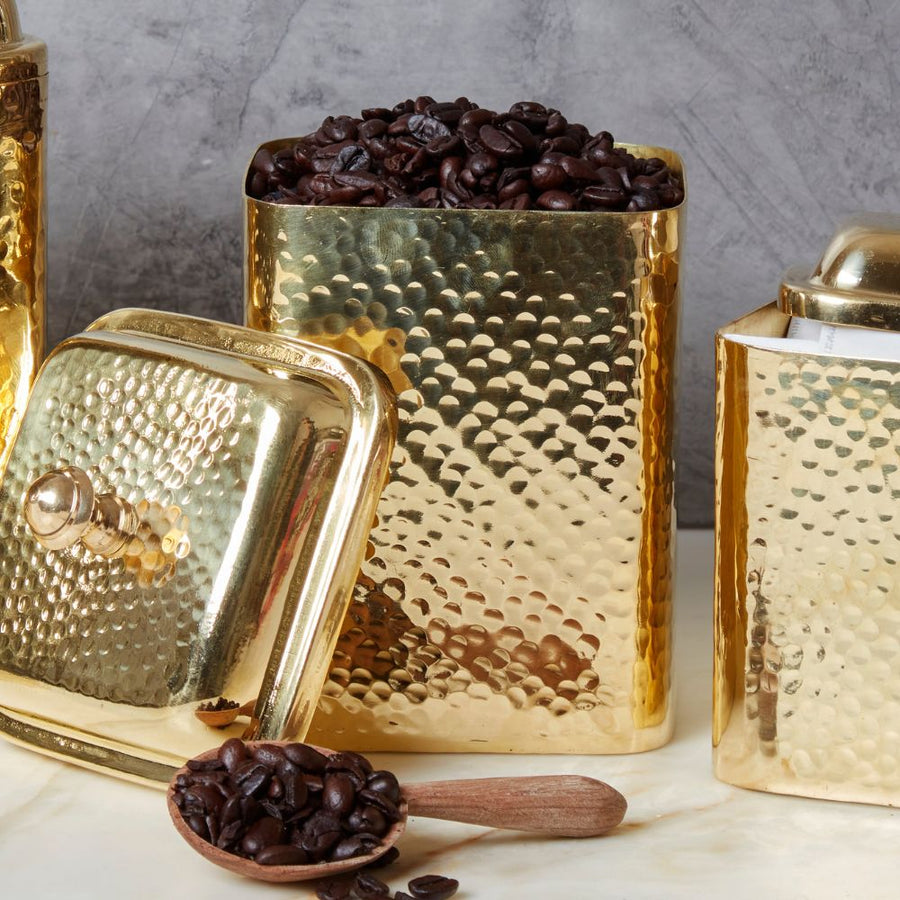 Pure Brass Hand Hammered Coffee Tea Square Canister Set of 3