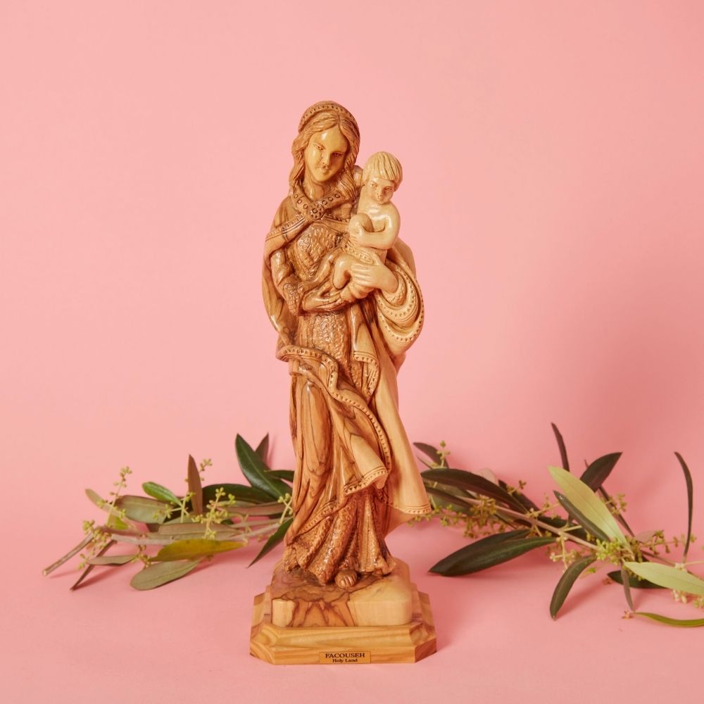 Palestine Large Hand Carved Olive Wood Virgin Mary with Jesus Statue