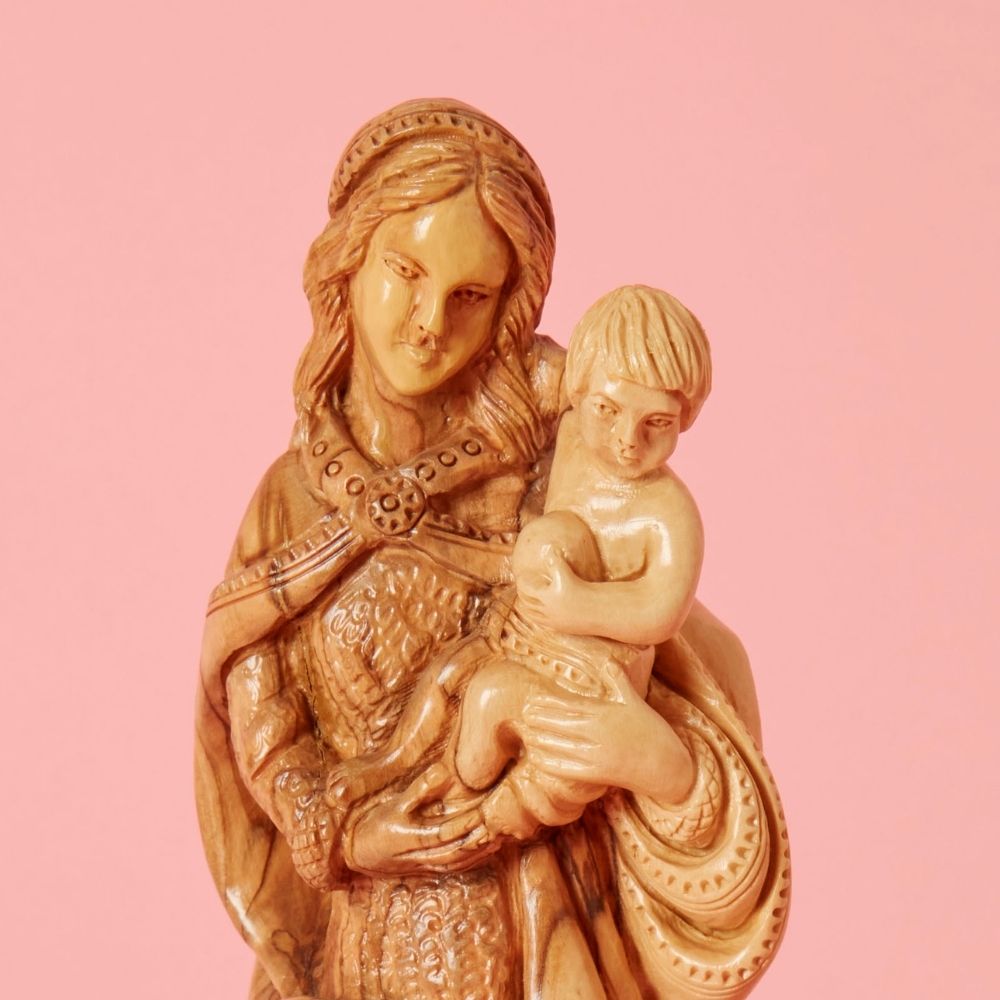 Palestine Large Hand Carved Olive Wood Virgin Mary with Jesus Statue