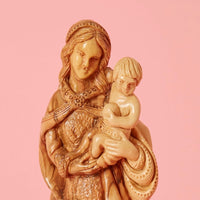 Palestine Large Hand Carved Olive Wood Virgin Mary with Jesus Statue