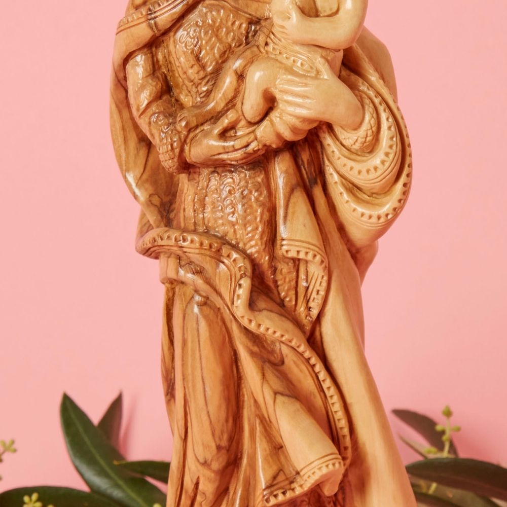 Palestine Large Hand Carved Olive Wood Virgin Mary with Jesus Statue