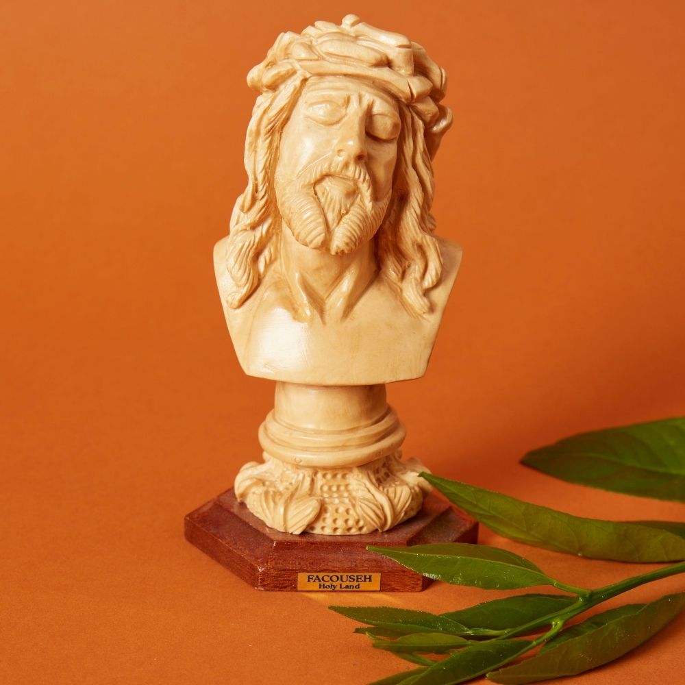 Palestine Small Hand Carved Olive Wood Bust of Jesus Statue