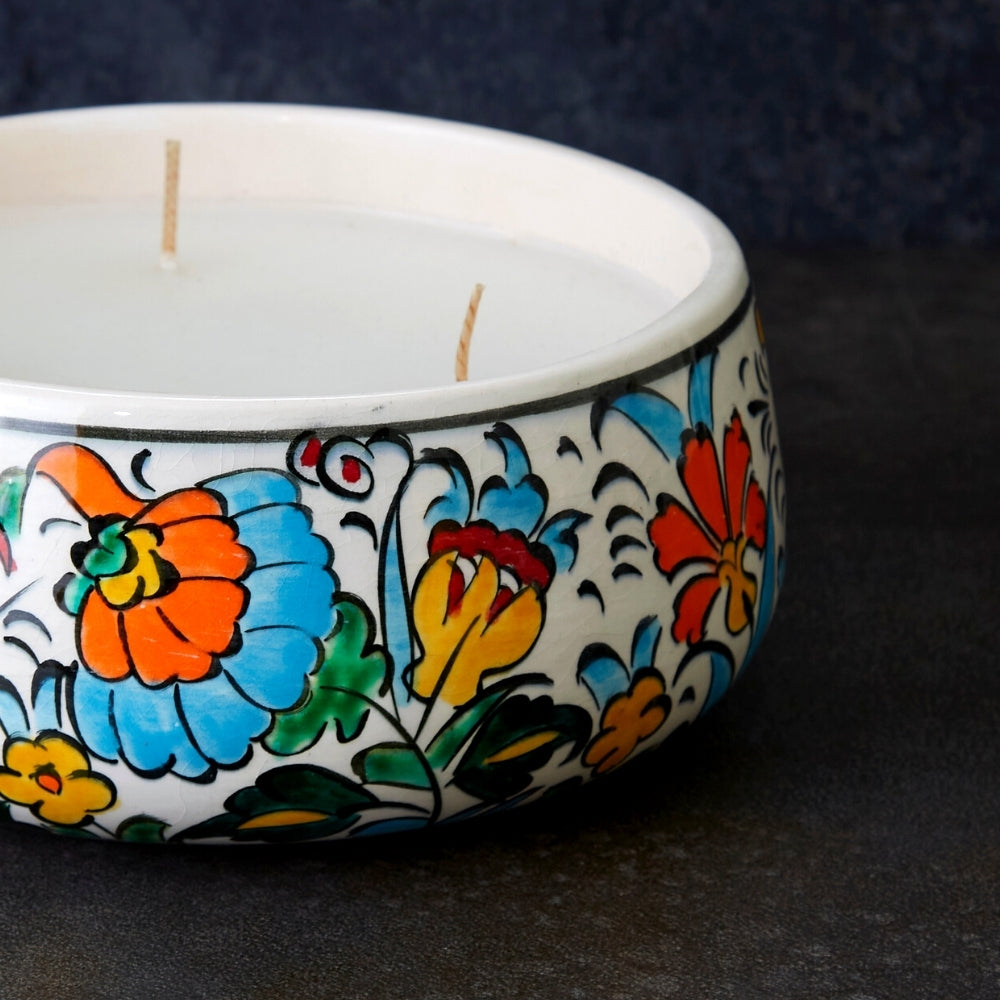 Medium Colorful Floral Ceramic Bowl Candle