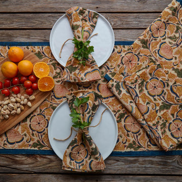 Kalamkaari Beige Floral 72 x 14 Table Runner 20 x 20 Napkin Set