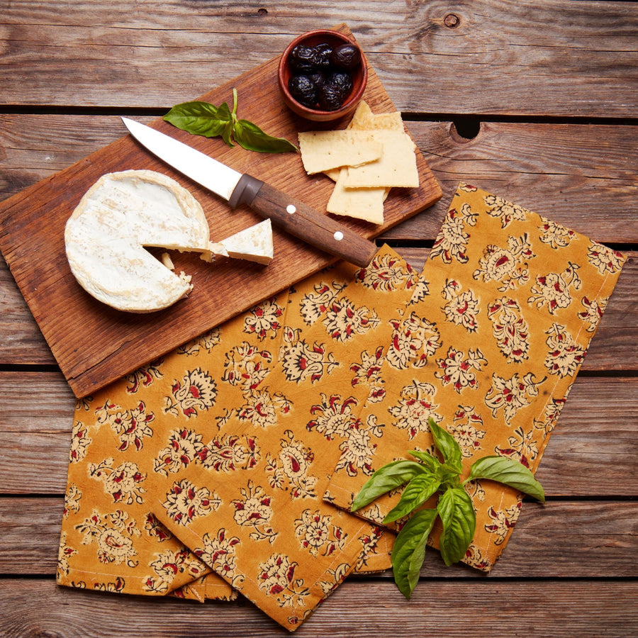 Kalamkaari Mustard Floral 20 x 20 Napkin Set