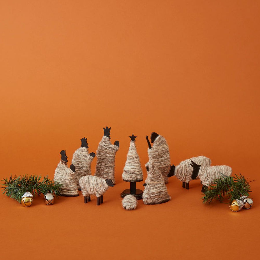 Tabletop Indoor Wood & Wool Nativity Scene Set