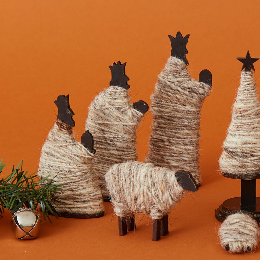 Tabletop Indoor Wood & Wool Nativity Scene Set